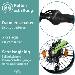 Tretwerk Akimbo Plus hellgrün Die langlebige 7 Gang Kettenschaltung liefert präzise Schaltvorgänge bei hoher Zuverlässigkeit und Langlebigkeit.