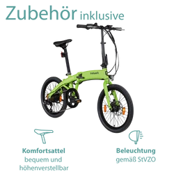 Tretwerk Akimbo Plus hellgrün Das Elektro Faltrad wird mit verkehrssicherer Beleuchtung nach StVZO geliefert.