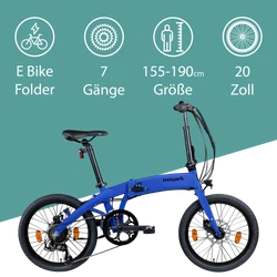 Tretwerk Akimbo Plus blau Das Elektroklapprad mit 7 Gängen in 20 Zoll Größe eignet sich für Personen mit einer Körpergröße zwischen 155 und 190 cm.