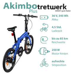Tretwerk Akimbo Plus blau Bis zu 85 Kilometer erreicht das Pedelec mit 345 Wh Akku und Radnabenmotor hinten. Gefahren wird in aufrechter Sitzposition.