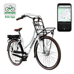 Tretwerk Sophia weiß Erhalte mit der Ananda Ride App umfangreiche E Bike Daten, navigiere und nutze weitere Funktionen.