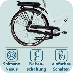 Nahansicht der Shimano Nexus Nabenschaltung am Hinterrad für wartungsarmes und einfaches Schalten.