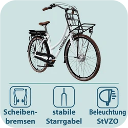 Perspektivische Frontansicht des E-Bikes mit Hinweisen zu den Scheibenbremsen, der stabilen Starrgabel und der StVZO-konformen Beleuchtung.