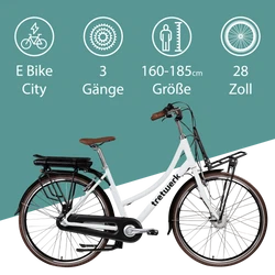Tretwerk Sophia weiß Das City E Bike mit 3 Gängen und 28 Zoll Radgröße eignet sich für Personen mit einer Körpergröße zwischen 160 und 185 cm.