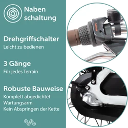 Tretwerk Sophia weiß Die abgedichtete, robuste Shimano Nexus 3 Gang Nabenschaltung wird per Drehgriffschalter komfortabel bedient.