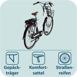 814773-Tretwerk-Sophia-E-Bike-Damen-Herren-28-Zoll-Pedelec-3-Gang-Elektrofahrrad-mit-536-Wh-Elektro-Damenfahrrad-Citybike-mit-Bluetooth-und-App-Sophia-TW0709011-08.png Rückansicht des weißen tretwerk E-Bikes mit Fokus auf den stabilen Gepäckträger, den Komfortsattel und die profilierten Straßenreifen.