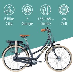 Tretwerk Aurora schwarz Das 28 Zoll City E Bike mit 7 Gängen eignet sich für Personen mit einer Körpergröße zwischen 155 und 185 cm.Das 28 Zoll City E Bike mit 7 Gängen eignet sich für Personen mit einer Körpergröße zwischen 155 und 185 cm.