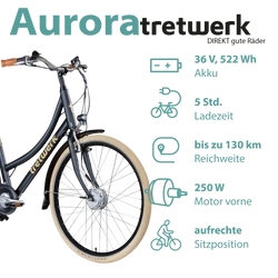 Tretwerk Aurora schwarz Mit 522 Wh Akku und 250 Watt Radnabenmotor vorne erreicht das Pedelec Reichweiten bis zu 130 Kilometern bei rund 5 Stunden Ladezeit.