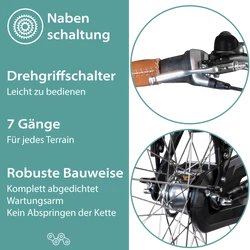Tretwerk Aurora schwarz Die 7 Gang Shimano Nexus Nabenschaltung ist robust und wartungsarm und wird per Drehgriffschalter unkompliziert bedient.