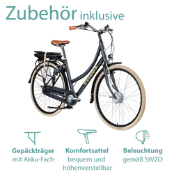 Tretwerk Aurora schwarz Zubehör inklusive: Das Damenfahrrad wird mit Gepäckträger, Komfortsattel und verkehrssicherer Beleuchtung geliefert.