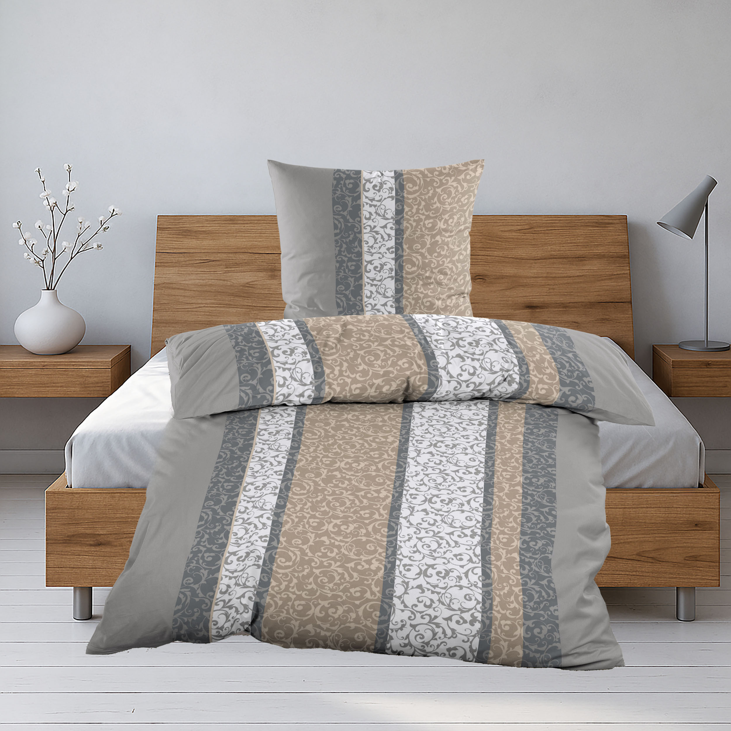 Kuschelige Biber Bettwäsche 135x200 – Grau Beige gestreift
