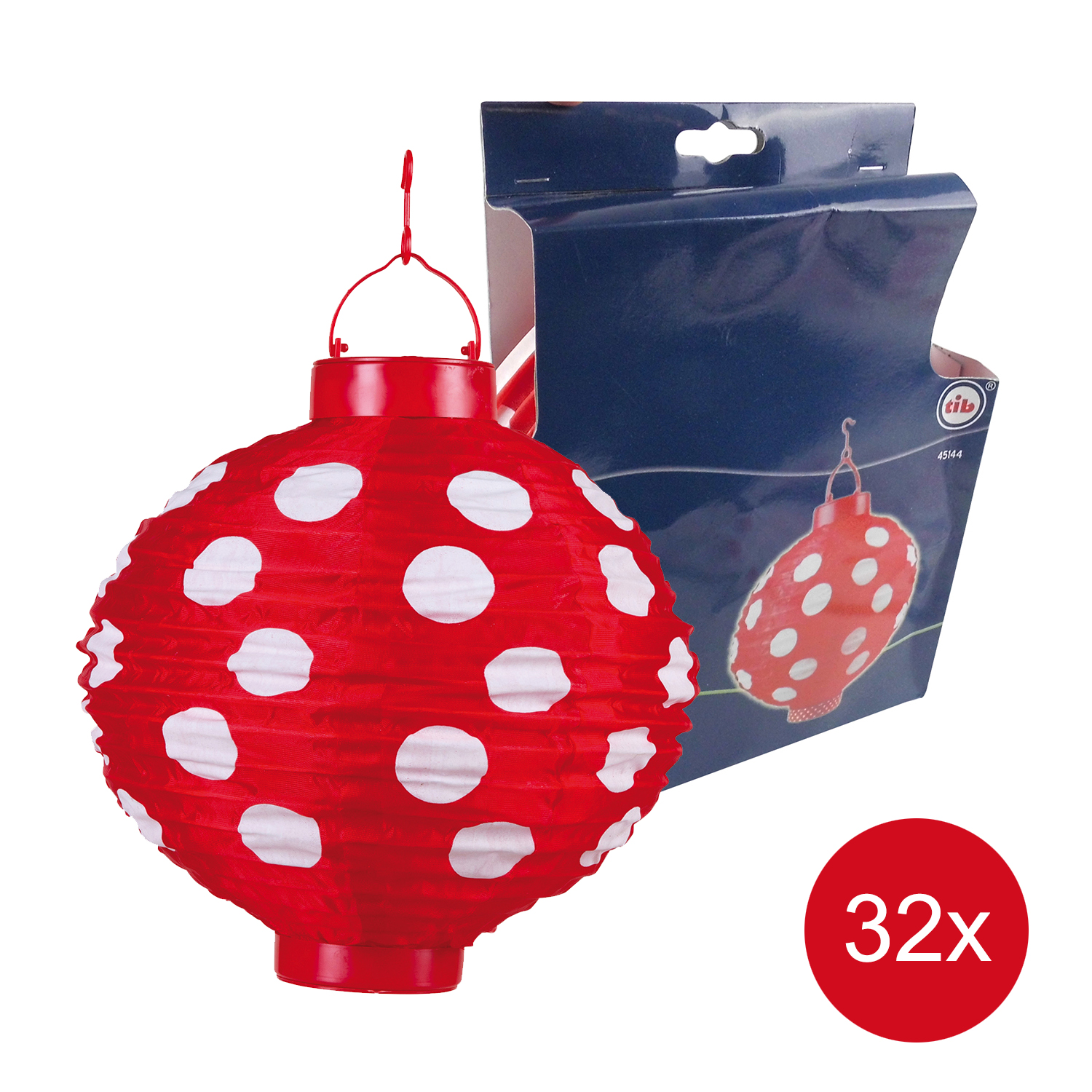 32x Solar-China-Lampe, rund, D:25cm,rot mit weißen Punkten, 1 weiße LED