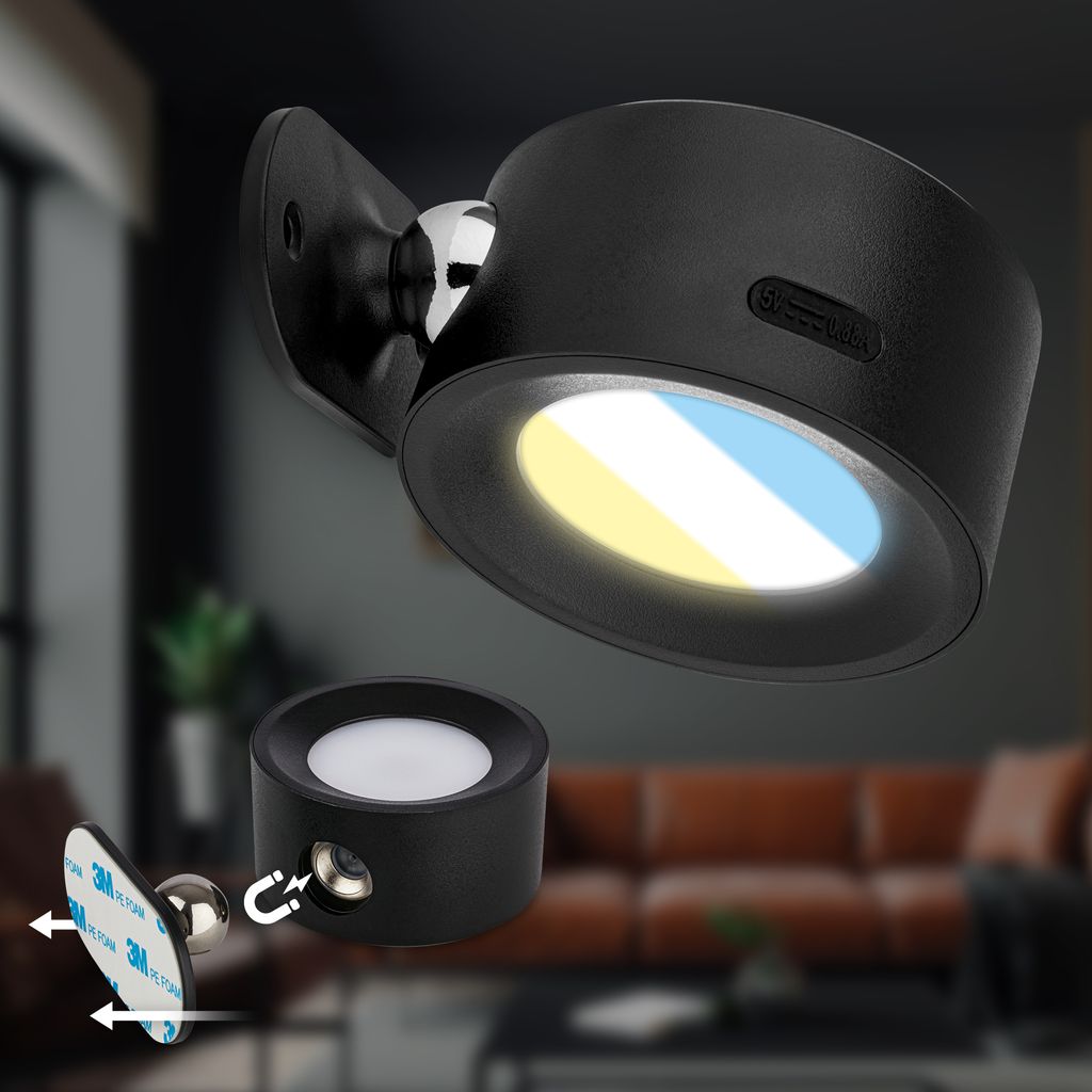 Akku Wandlampe Ohne Bohren Magnetisch Wandleuchte Leselampe Kabellos USB Schwarz