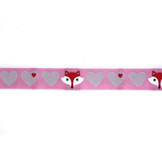Ruban tissé 'Coeurs et renard' 15mm rose multicolore