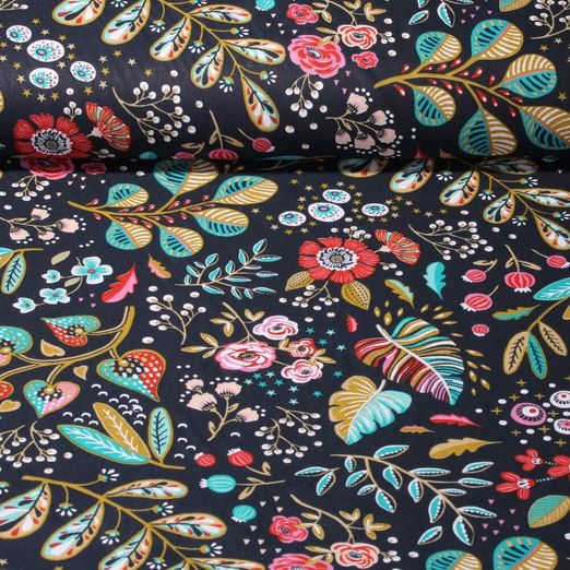 Coton à motifs - Ancolie Bleu marine foncé Multicolore