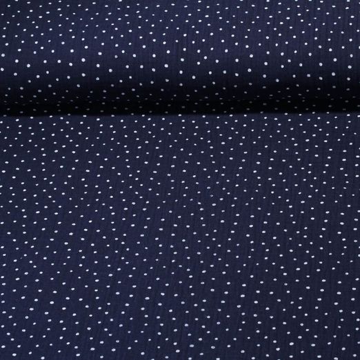 Mousseline en coton - Double gaze Pois blanc Bleu marine foncé