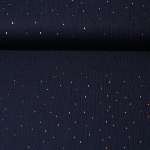 Mousseline en coton - Double gaze Petits traits Doré Bleu marine foncé