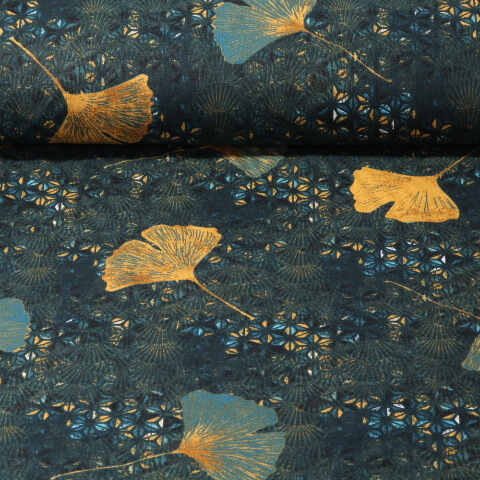Baumwolle gemustert - Große Ginkgo Blätter Petrol Multicolor 