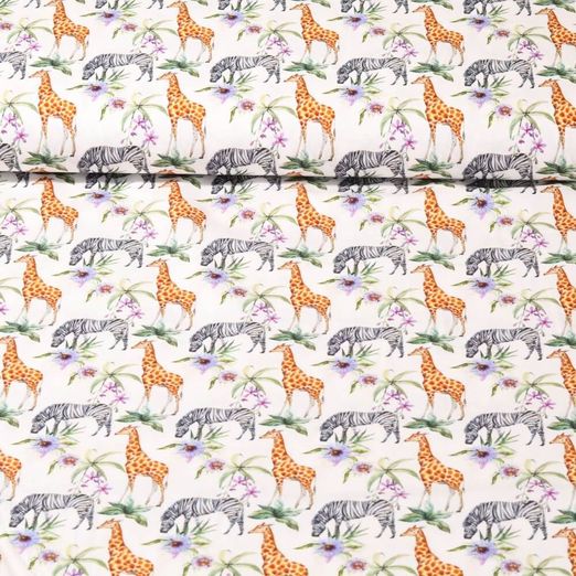 Baumwoll Popeline - Digitaldruck Giraffe und Zebra Weiß