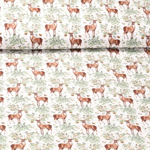 Mousseline de coton - Impression numérique Cerfs Printemps Ecru Texture lisse