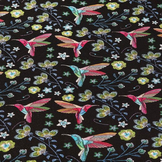 Simili synthétique - Effet brodé Colibris - Noir au mètre Simili synthétique - Effet brodé Colibris - Noir au mètre