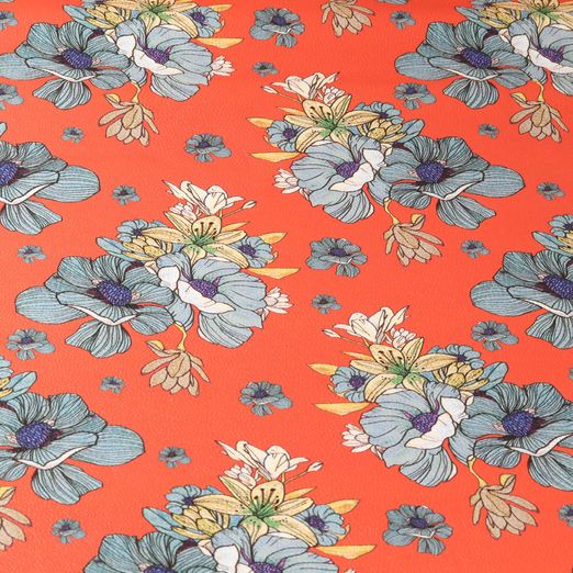 Kunstleder Blumen orangerot - Meterware