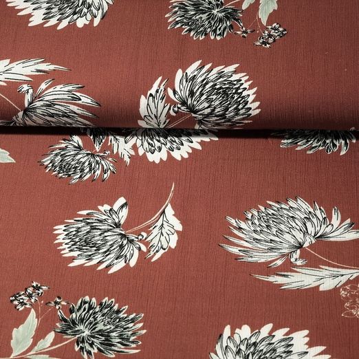 Viscose - Fleurs Crêpe Rouge rouille