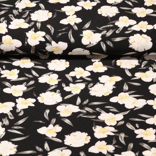 Modestoff - Krepp Weiße Blüte Schwarz