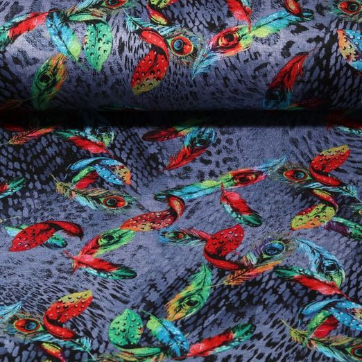 Tissu habillement - Plumes colorées bleues