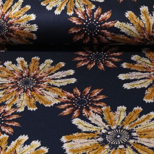 Tissu d'habillement  - Fleurs de plumes - ocre sur bleu marine