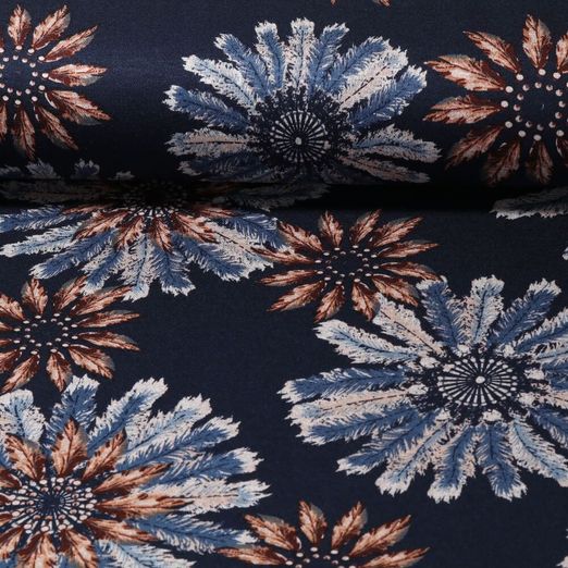 Tissu d'habillement - Fleurs de plumes - bleu clair sur bleu marine
