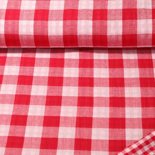 Mousseline de coton - double gaze double face carreaux rouge blanc