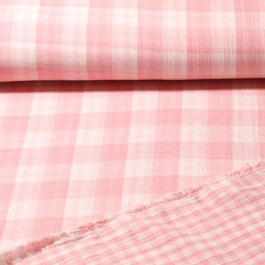 Mousseline de coton - double gaze double face carreaux rose blanc