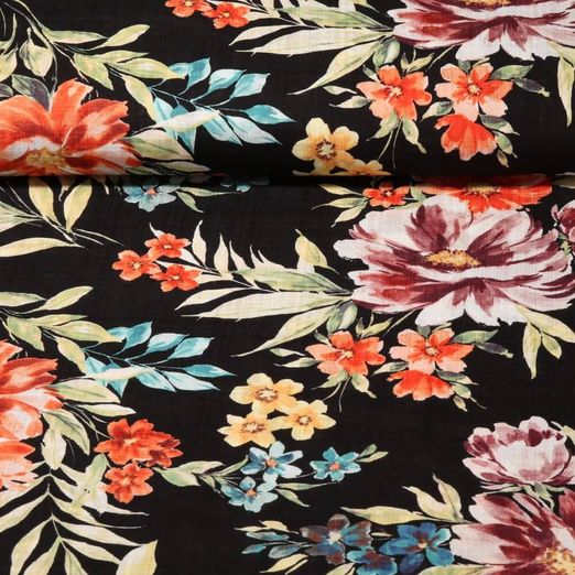 Kleider und Blusenstoff - Große Blüten Schwarz