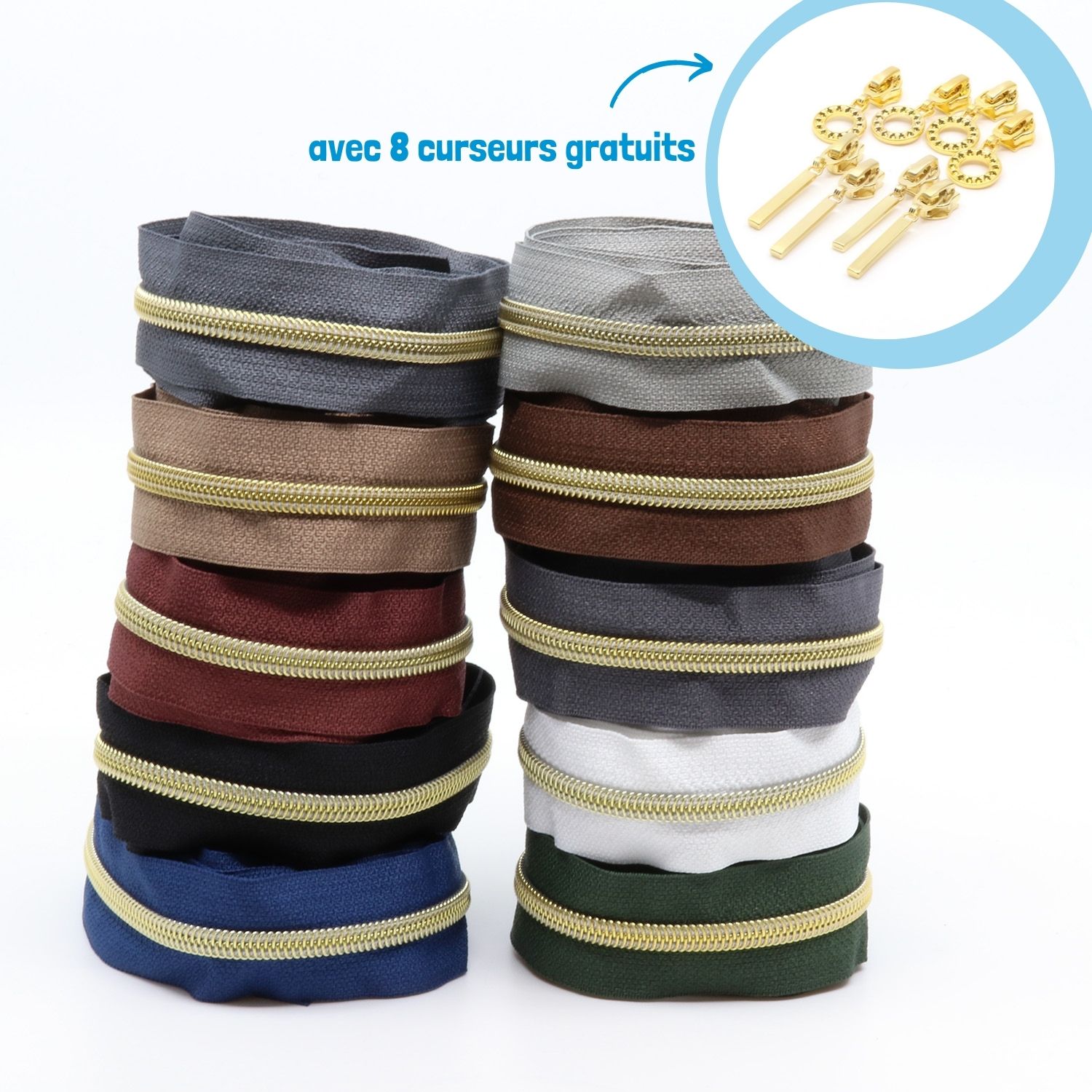 DORÉ - Lot 'Basique' de 10 - Fermetures éclair nylon métallisé 6,5mm -1 DORÉ - Lot 'Basique' de 10 - Fermetures éclair nylon métallisé 6,5mm -1