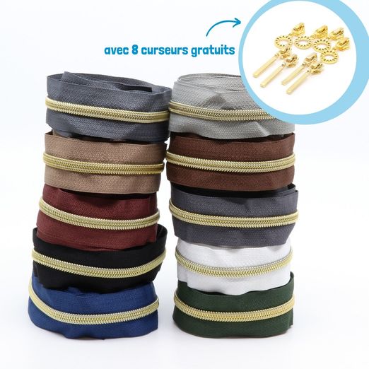 DORÉ - Lot 'Basique' de 10 - Fermetures éclair nylon métallisé 6,5mm DORÉ - Lot 'Basique' de 10 - Fermetures éclair nylon métallisé 6,5mm
