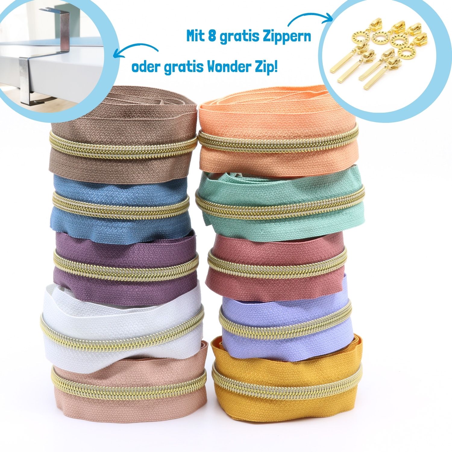 GOLD Metallisierte Reißverschlüsse 6,5mm - 10er Set PASTELL-2 GOLD Metallisierte Reißverschlüsse 6,5mm - 10er Set PASTELL-2