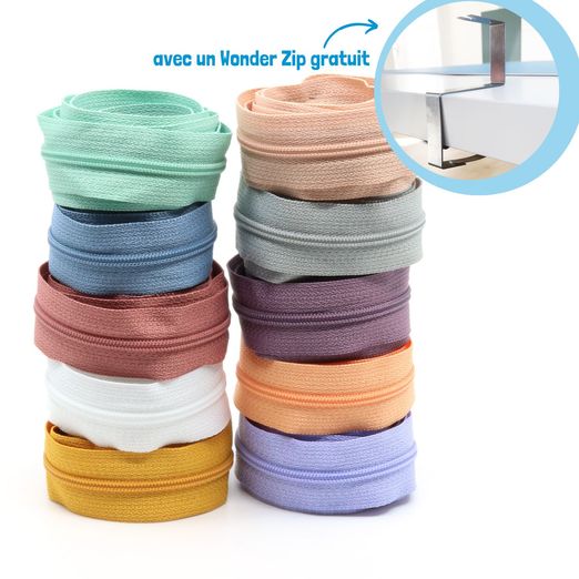 Lot de 10 fermetures éclair sans fin 4mm - longueur 1m - PASTEL Lot de 10 fermetures éclair sans fin 4mm - longueur 1m - PASTEL