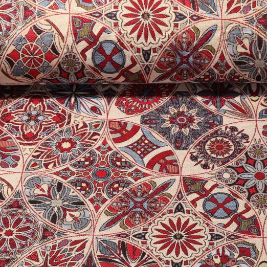Gobelin - Blumenmandala Beige Blau