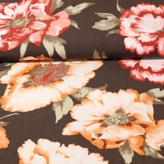 Popeline de viscose - Grandes fleurs Brun