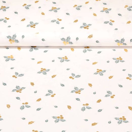 Popeline de coton - Feuilles de houx - Blanc impression sur film