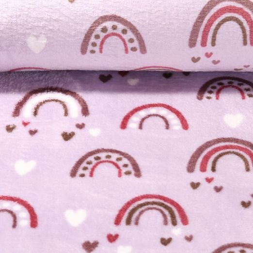 Fleece - Kuschelfleece Doubleface Regenbogen und Herzen Flieder
