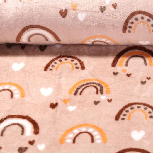 Fleece - Kuschelfleece Doubleface Regenbogen und Herzen Hellbraun