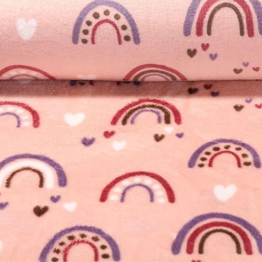 Fleece - Kuschelfleece Doubleface Regenbogen und Herzen Rosa