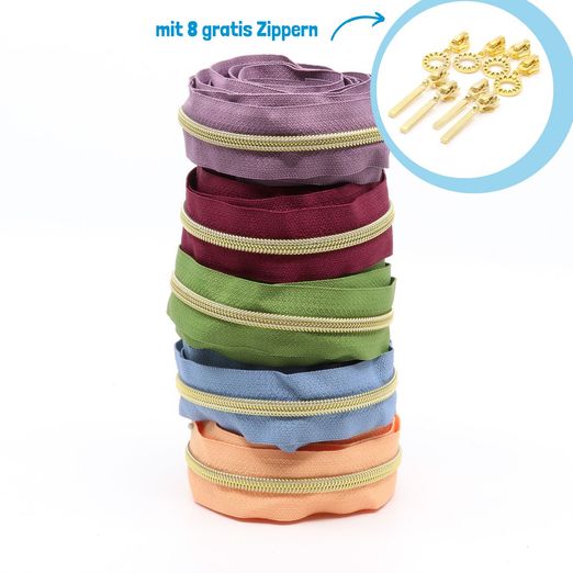 GOLD 3m Metallisierte Reißverschlüsse 6,5mm - 5er Set SOFT PASTELL