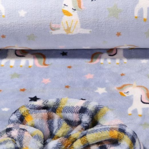 Fleece - Kuschelfleece Doubleface Einhörner Karo Hellblau