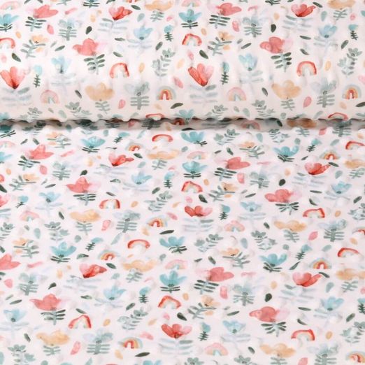 Fleece Minky - Digitaldruck Blumen und Regenbogen Weiß