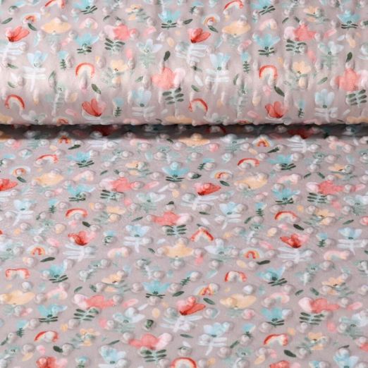 Fleece Minky - Digitaldruck Blumen und Regenbogen Hellgrau