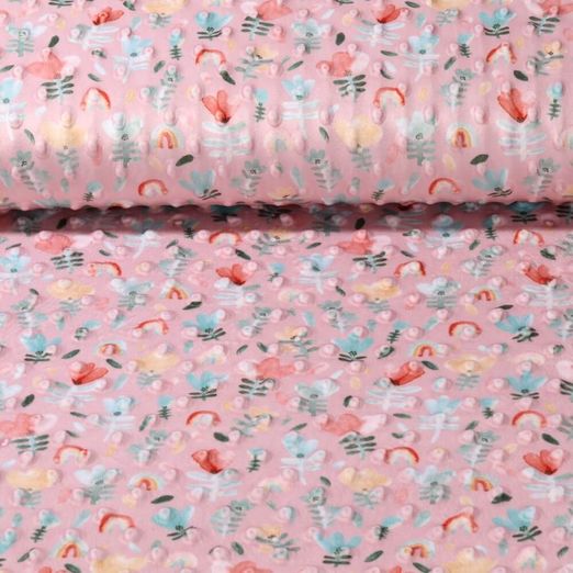 Fleece Minky - Digitaldruck Blumen und Regenbogen Rosa