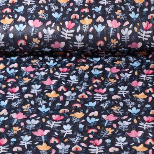 Fleece Minky - Digitaldruck Blumen und Regenbogen Blau